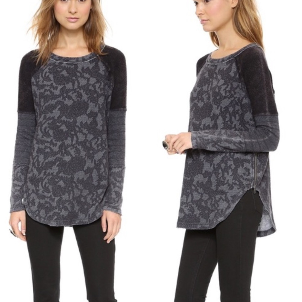 Free People Bed of Roses Pullover Tunis Long Sleeve Shirt Charcoal Distressed